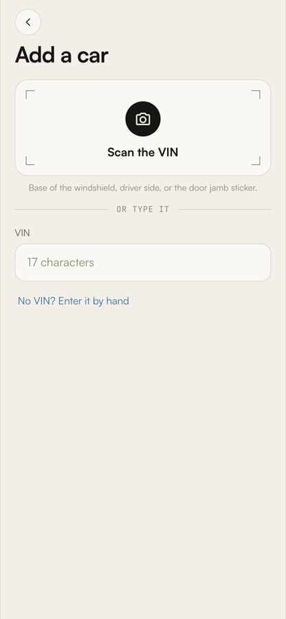 Add a car, with Scan the VIN