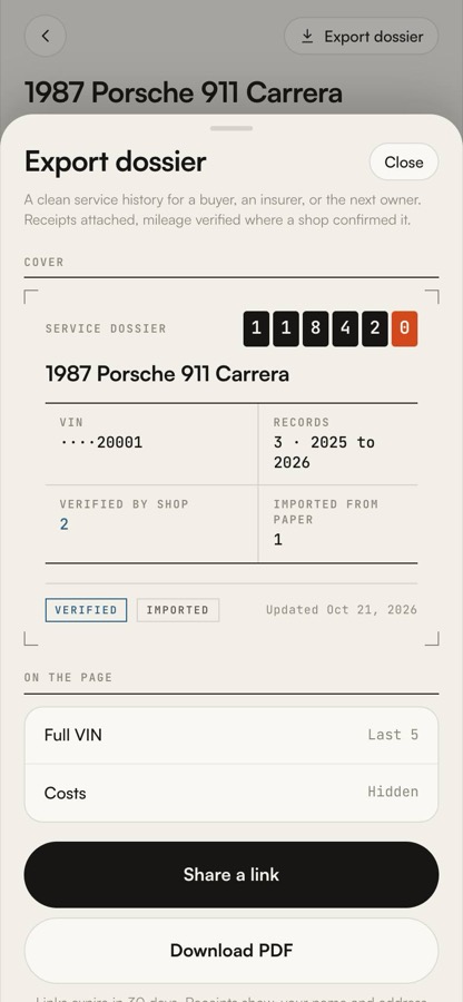 Export dossier sheet