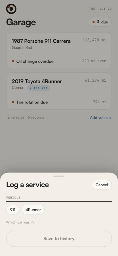 Log a service sheet