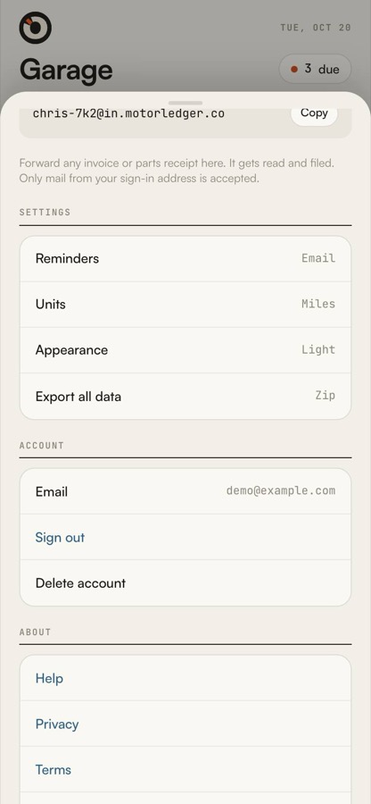 Account settings with Export all data and Delete account